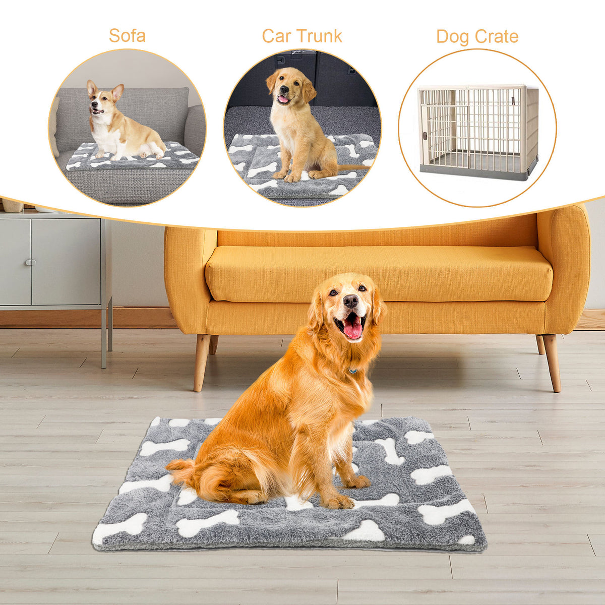 A soft, plush pet mat designed for self-warming comfort, suitable for use in a crate or as a standalone cat or dog bed.