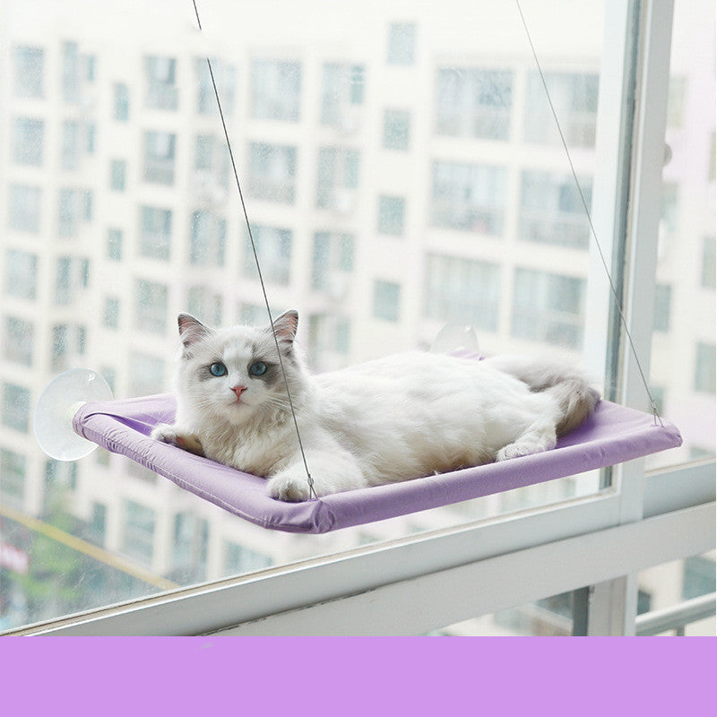 A cat window perch hammock with a metal frame and suction cups mounted to a glass window, holding a cushioned pad for a cat to lie on.